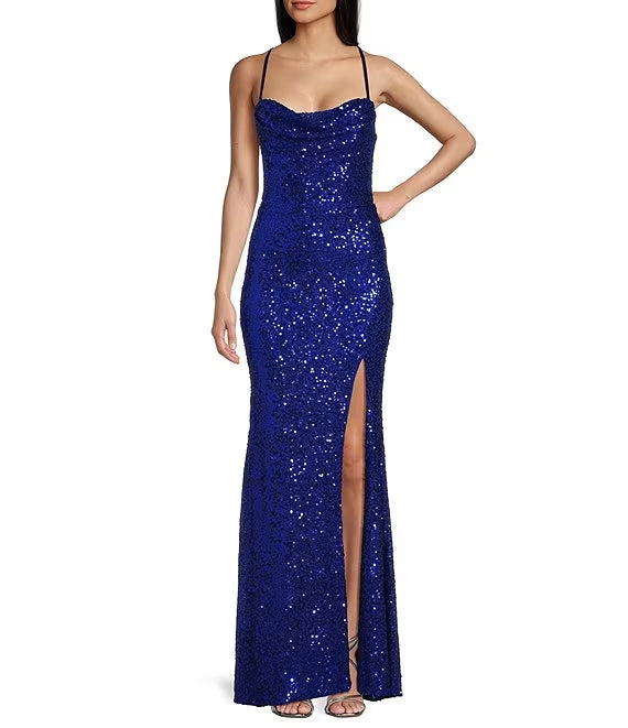 Sequin high neckline cross back slit long prom dress